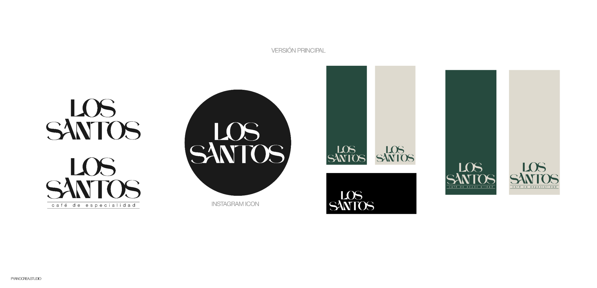 Varianti del logo Los Santos in nero, verde e sabbia, con studi colore dell’identità.