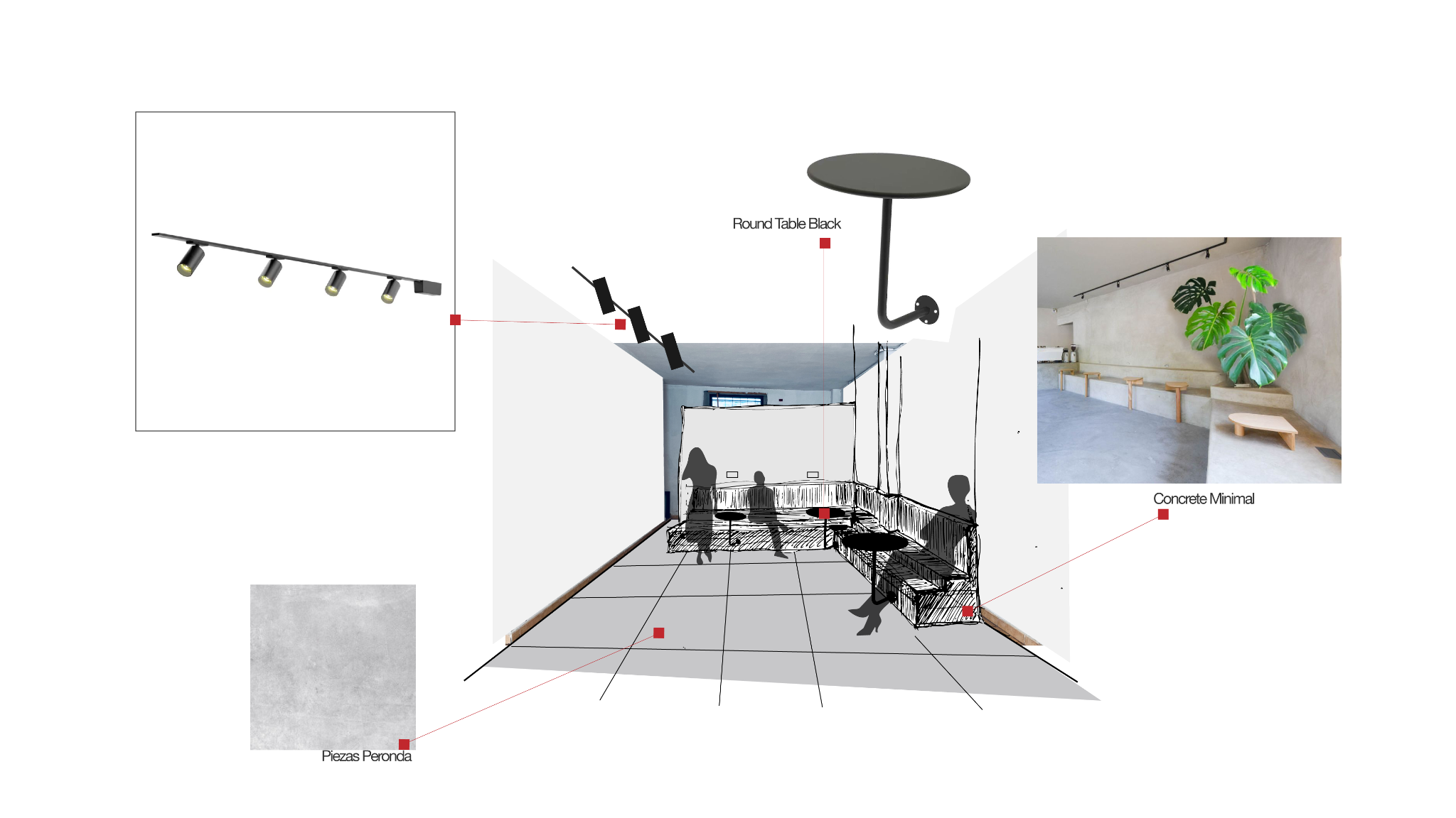 Studio degli interni con prospettiva disegnata e riferimenti di arredi, illuminazione e materiali.
