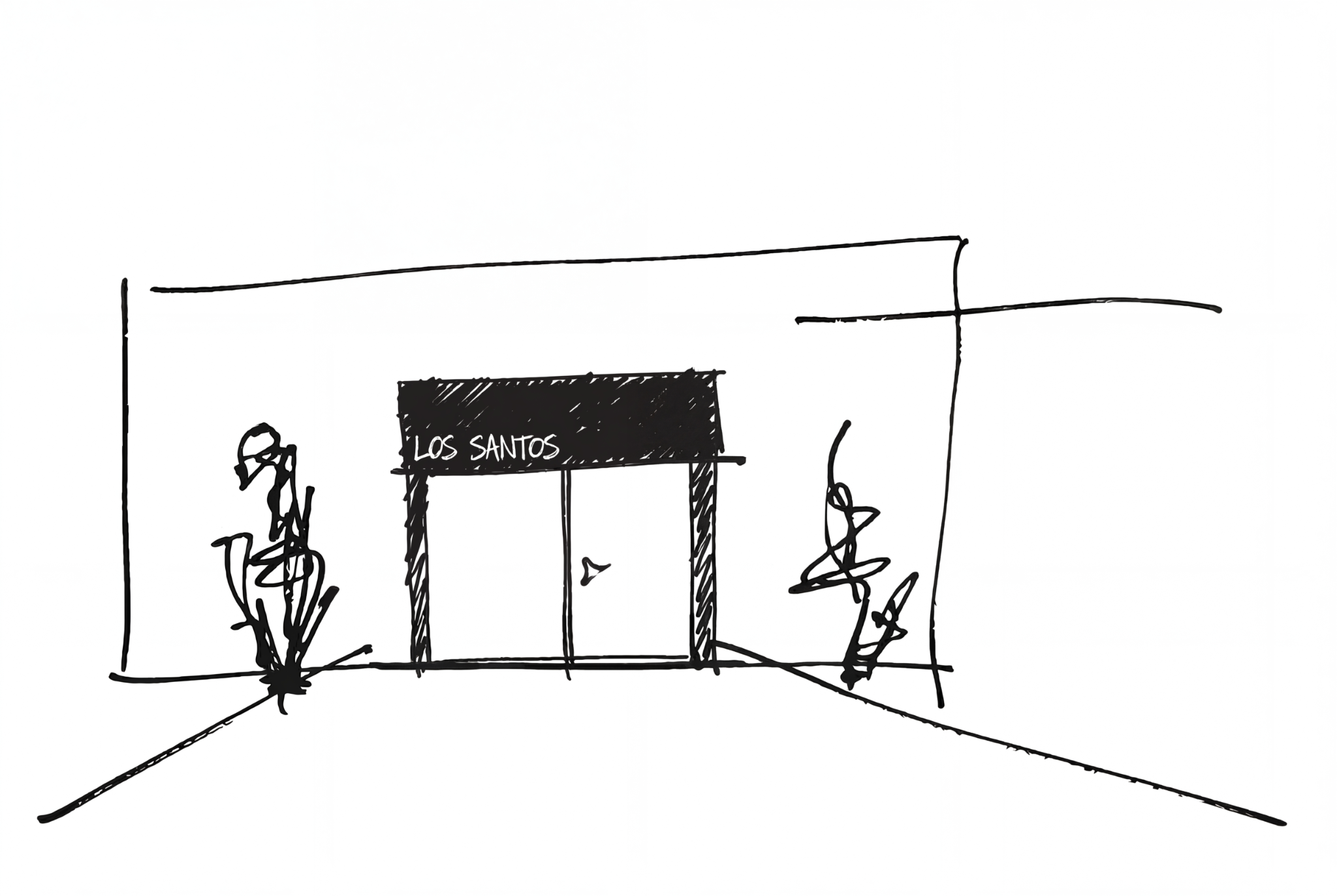 Illustrazione di concept a tratto nero dell’ingresso, dell’insegna e della vegetazione del café.