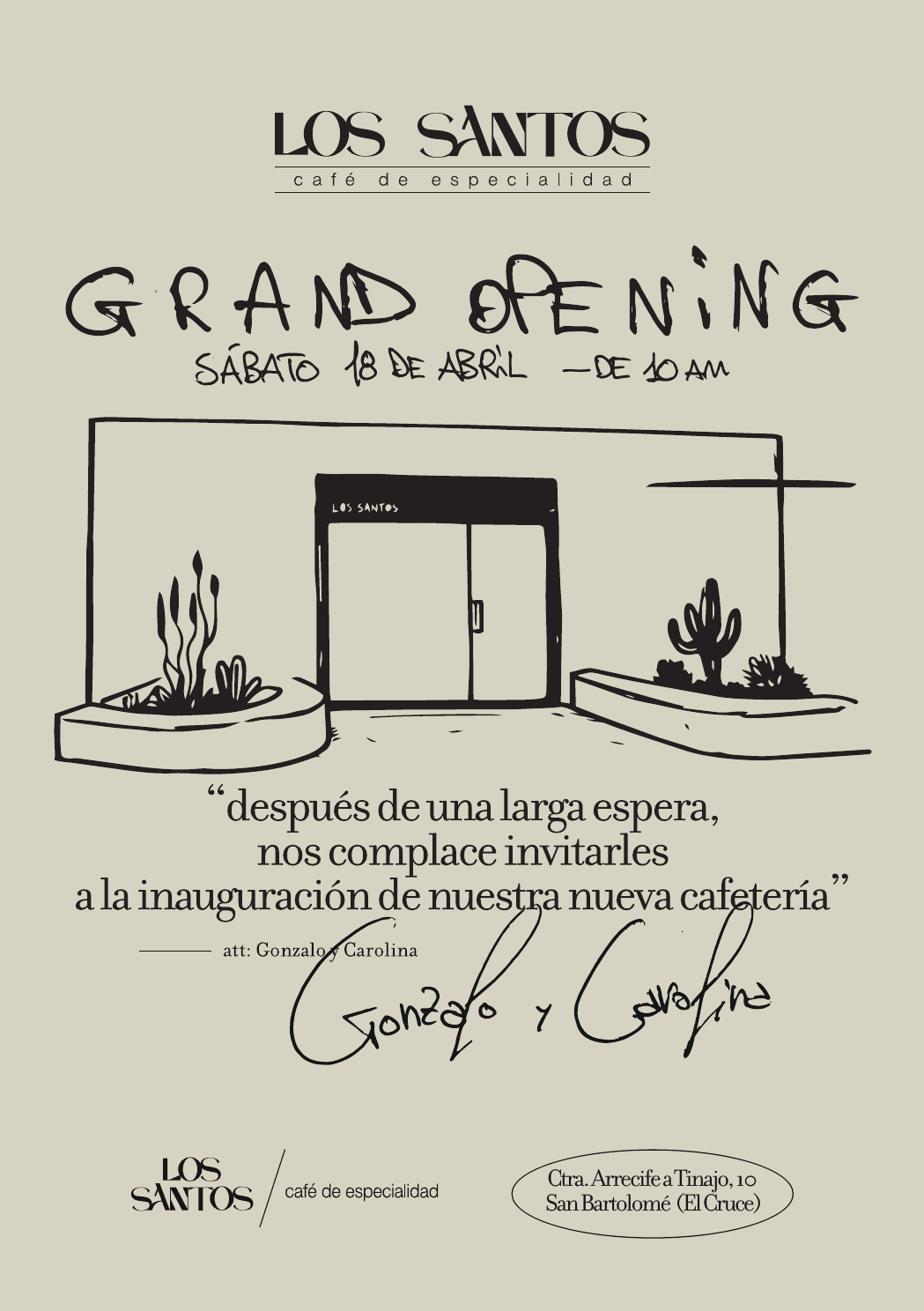 Invito d’inaugurazione color sabbia con logo Los Santos e illustrazione dell’ingresso.