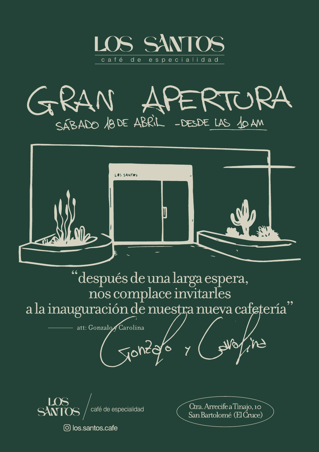 Invito d’inaugurazione verde con logo Los Santos e illustrazione dell’ingresso.